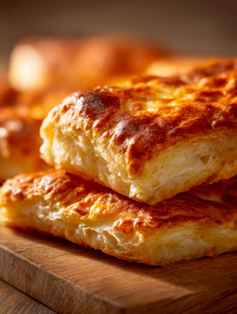 Crispy, golden pastry squares with delicate, flaky layers are artfully piled on a rustic wooden surface, illuminated by soft, warm sunlight that highlights their tenの写真素材