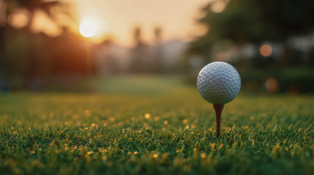 A pristine white sphere rests delicately atop a wooden support, set against vibrant greenery under the gentle light of dusk, evoking calm and tranquility.の写真素材