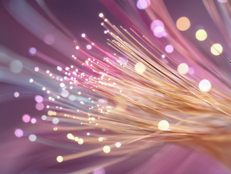 Luminous pink and gold tendrils weave through a dreamy, blurred backdrop, creating a lively portrayal of motion and vibrant energy captured in a delicate glow.の写真素材