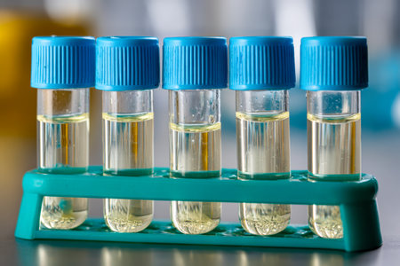 Precise analysis tools showing transparent samples organized in a vibrant green holder, reflecting meticulous procedures in biomedical investigations.の写真素材