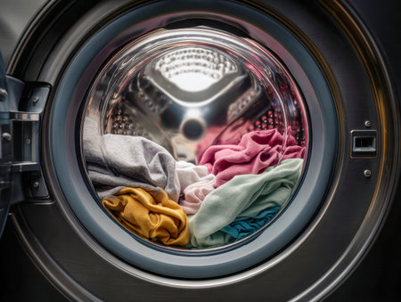 Vibrant garments jumbled inside a modern washing chamber, awaiting the cycle to refresh their colors, with the textured interior of the drum providing depth.の写真素材