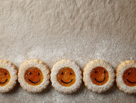 Brightly decorated cookies with jam centers and smiling faces are lined up against a textured, rustic surface, radiating joy and sweet delight perfect for celebratioの写真素材