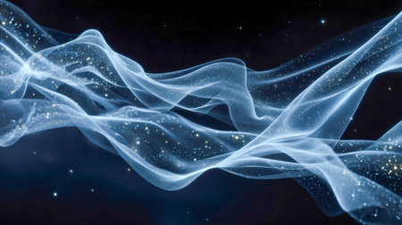 Celestial azure currents cascade softly amid a shadowy universe, adorned with glittering specks that...