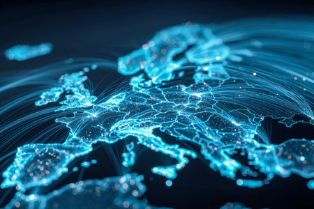 A vibrant night scene showcasing Europe?s major hubs connected by glowing digital pathways, illustrating dynamic data exchange and seamless communication across theの写真素材