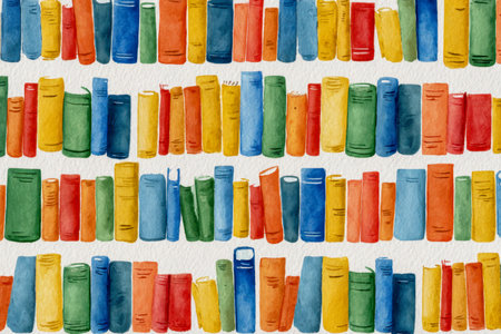 Bright watercolor artwork depicting a tidy row of vivid books on white shelves, creating a lively, harmonious pattern perfect for educational or library-themed projects.の写真素材