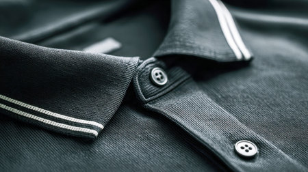 An elegant close-up highlighting the rich texture of a traditional navy polo shirt, featuring crisp...