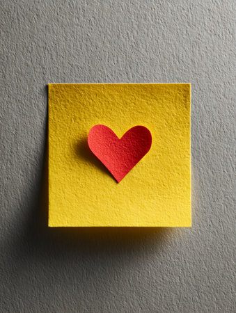 A vibrant red heart cutout rests atop a bright yellow sticky note, set against a rugged gray surface, evoking feelings of affection and heartfelt connection.の写真素材
