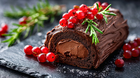 A luxurious chocolate sponge roll filled with smooth cream, garnished with vibrant red currants and fragrant rosemary sprigs, set on a moody dark stone platter.の写真素材