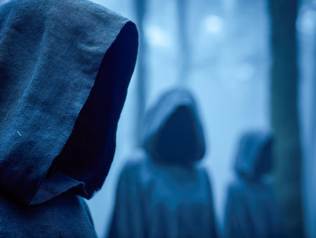 In a mist-laden woodland, three concealed figures draped in shadowy hoods remain motionless, their presence cloaked in secrecy against a somber, bluish hue.の写真素材