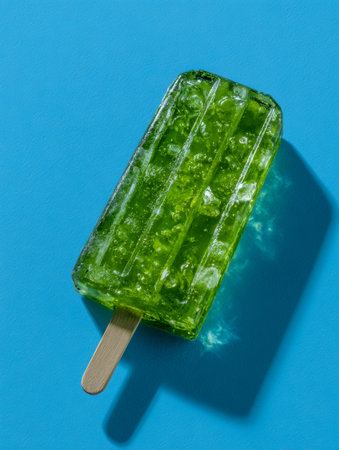 A lively emerald-colored frozen treat with a crisp, icy surface and tiny shimmering accents,...