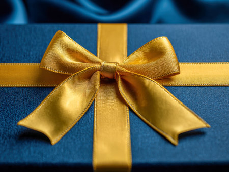 A sophisticated navy blue box wrapped with a glimmering golden satin ribbon and bow, ideal for memorable celebrations and upscale gifting moments.の写真素材