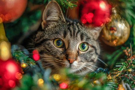 A playful tabby cat gently snuggles among lush holiday foliage, surrounded by shimmering crimson and golden baubles, radiating warmth and seasonal cheer.の写真素材