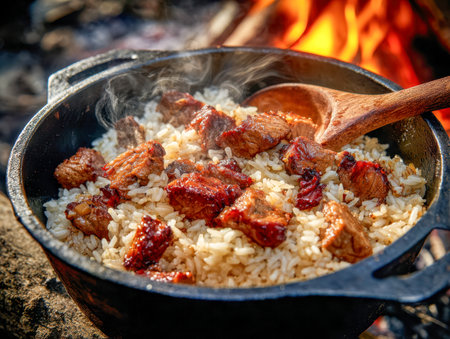 Juicy grilled meat and fragrant seasoned rice simmer together in a rustic cast iron pot, tender steam rising as flames crackle nearby, inviting outdoor feast vibes.の写真素材