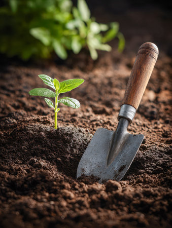 A fresh sprout emerges from thriving earth, positioned beside a sturdy wooden-handled trowel, evoking anticipation for new growth in a vibrant garden scene.の写真素材