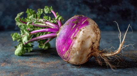 A freshly dug root with striking purple and white hues rests on a rough wooden surface, surrounded...