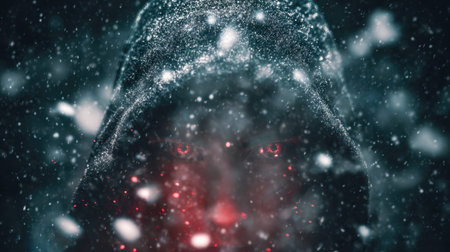 An enigmatic silhouette cloaked in shadow stands amidst swirling snow, piercing with crimson...