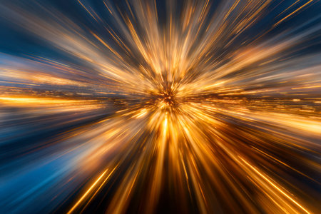 A vivid display of streaking neon lines burst from the heart of a bustling metropolis, capturing...