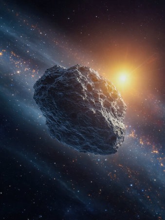 A vivid digital portrayal of a massive, rugged asteroid gliding through the cosmos, its surface glowing softly from a distant stellar light amid a tapestry of intersの写真素材