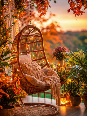 A tranquil outdoor nook featuring a woven rattan swing, paired with a soft knitted throw and plush cushions, illuminated by fairy lights amid amber leaves at dusk.の写真素材