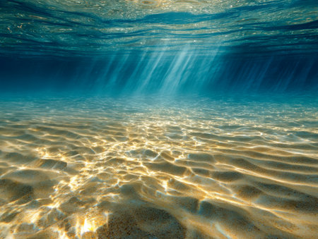 Warm sunlight filters through translucent blue waters, casting shimmering patterns on the gently undulating sandy bottom of a peaceful tropical sea.の写真素材