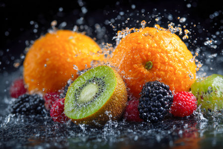 A colorful array of sliced and whole fruits, with droplets of water cascading around them, creating a lively, invigorating scene perfect for health and wellness themの写真素材