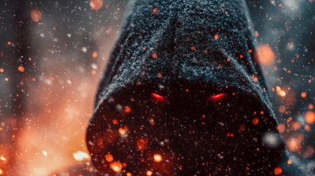 A shadowy, cloaked silhouette with piercing crimson gaze surfaces amidst a cascade of flickering sparks and glowing cinders, amid a fiery, nocturnal mystery.の写真素材