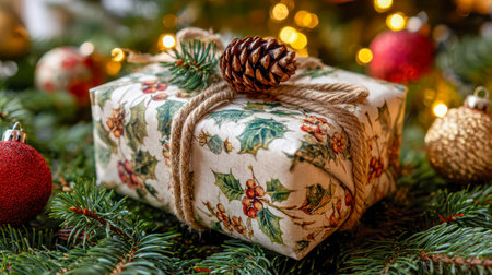 A charming holiday present adorned with festive holly-patterned paper, tied with rustic twine, nestled among lush evergreen foliage, shimmering ornaments, and cozy glowinの写真素材