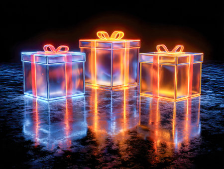 Three luminous, see-through presents adorned with neon-stripped ribbons cast colorful glimmers on a...