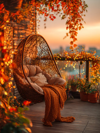 A tranquil city balcony scene featuring a plush hanging chair draped with inviting blankets, illuminated by twinkling fairy lights amidst colorful autumn foliage atの写真素材