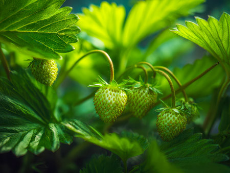 Fresh, young strawberries in early development, dangling from slender branches amid lush foliage in a sunlit garden, evoking growth and natural freshness.の写真素材