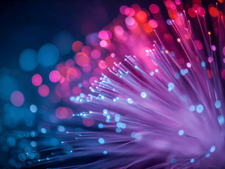 Lustrous multicolored threads emit vivid blue and pink hues, weaving through a lively backdrop evoking digital connectivity and high-tech information flow.の写真素材