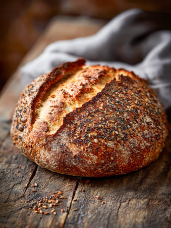 A hearty, crusty bread sprinkled with hearty seeds, showcasing a warm golden hue, rests on an aged...