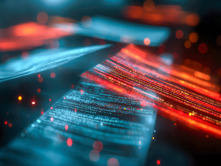 A sleek, high-tech visualization showcasing vibrant blue and red light flows amid digital symbols,...