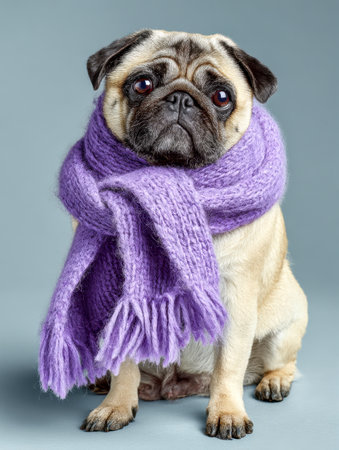 A charming pug with soulful eyes lounges softly in a studio, wrapped in a warm, lavender knit, radiating comfort and sweet curiosity against a neutral backdrop.の写真素材