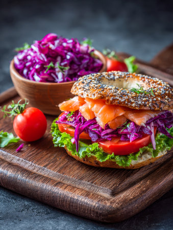 A colorful open-faced bagel topped with rich smoked salmon, crisp greens, juicy tomato slices, and vibrant purple cabbage, accompanied by cherry tomatoes and a bowlの写真素材