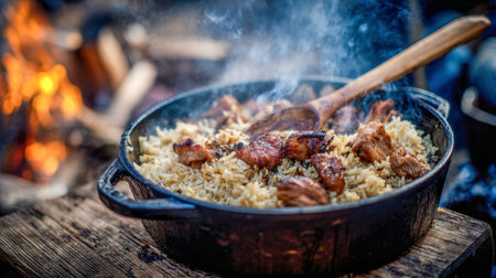 Warm, hearty dish of seasoned rice and smoky grilled meat simmering in a vintage cast iron pot, accompanied by a wooden stirring spoon on a cozy outdoor setting.の写真素材