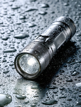 A resilient metallic torch emits a fierce, luminous beam across a damp surface, with glistening droplets amplifying its dramatic radiance in a striking close-up.の写真素材