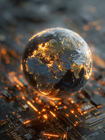A vibrant digital sphere displaying glowing continents hovers above an intricate, luminous circuit layout, symbolizing worldwide innovation and interconnected digitの写真素材