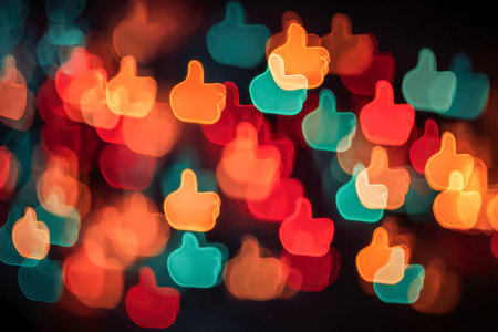 Dynamic bokeh lights in red, orange, and teal form a cheerful thumbs-up shape, illuminating a dark backdrop and evoking celebration, optimism, and enthusiasm.の写真素材