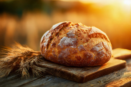 A freshly baked, crusty loaf with a warm, golden hue sits atop a rustic wooden surface, framed by...