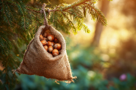 A cozy outdoor scene featuring a rugged burlap pouch brimming with ripe hazelnuts, gently suspended from an evergreen limb amid golden sunlight and a blurred forestの写真素材