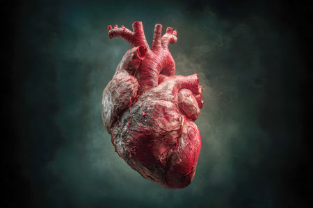 A lifelike 3d depiction of a human cardiac organ highlighting intricate vascular networks against a dark, textured surface, ideal for medical studies and educationalの写真素材