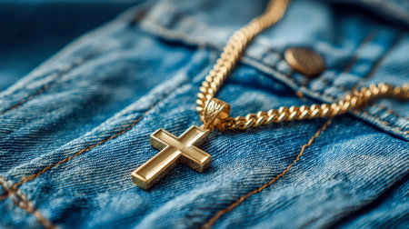 A shimmering gold pendant featuring a detailed cross design, suspended from an ornate chain, laid gracefully on rugged blue denim with prominent stitching and a metaの写真素材