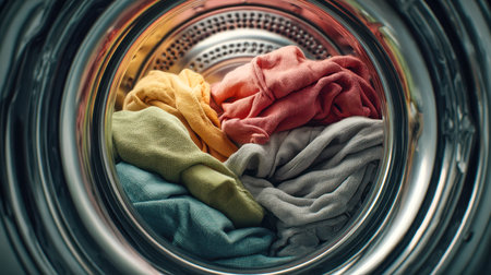 Vibrant clothing nestled inside a washing machine drum, awaiting freshening, with lively hues creating a cheerful scene in a cozy home laundry space.の写真素材