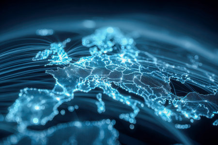 A vibrant visualization of interconnected digital pathways crossing Europe, highlighting advanced data exchange and seamless technological integration.の写真素材