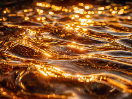 Sunlit water dances with a golden glow, casting glittering highlights across soft waves, evoking peace and capturing a serene, luminous moment outdoors.の写真素材