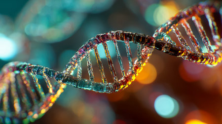 A dynamic 3d depiction of a double helix illuminated by shifting multicolored lights, symbolizing the intricate elegance of genetic coding and molecular science.の写真素材