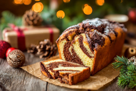 A cheerful holiday scene featuring a marbled cake with rich chocolate and vanilla swirls, nestled on parchment, amidst pine cones, a gift box, and festive decor on aの写真素材