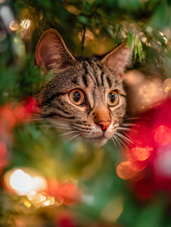 A playful tabby cat with gleaming eyes observes dazzling holiday lights and cheerful ornaments in a...