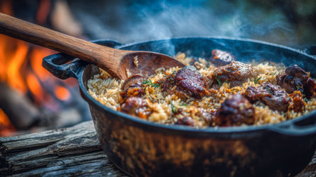 A cozy outdoor scene featuring a sturdy cast iron pot bubbling with flavorful meat and rice, stirred by a wooden spoon amid crackling flames and rustic surroundings.の写真素材